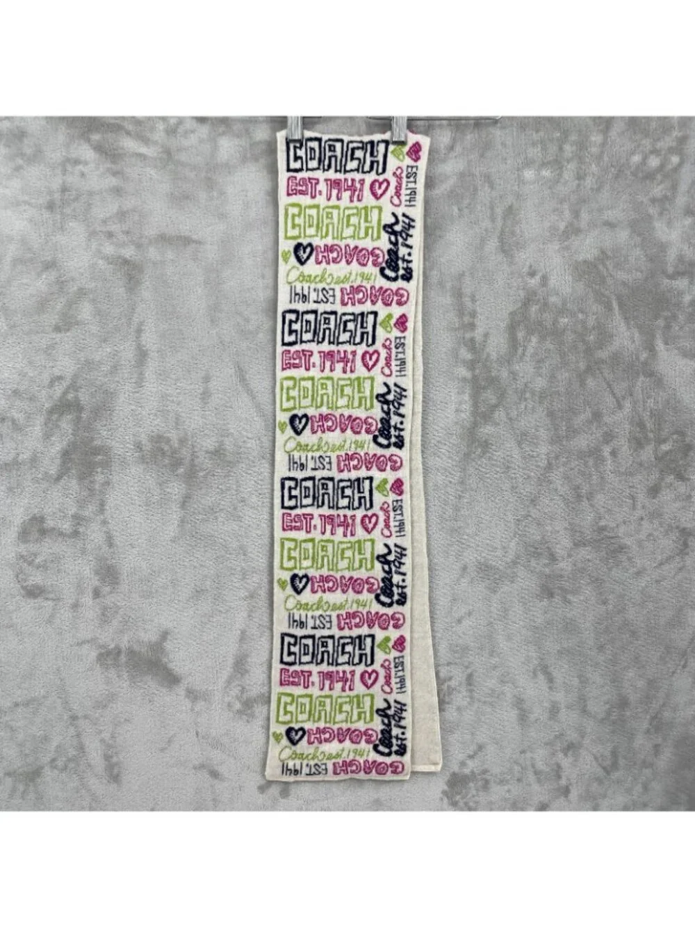 Coach Poppy Heart Graffiti Multicolor Spellout Logo Scarf Knit Wool Blend Cream